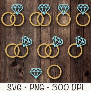 May include: A collection of gold wedding rings with light blue diamond-shaped gemstones. The rings are arranged on a wooden background. The image also includes the text "SVG • PNG • 300 DPI".