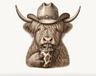 Mucca delle Highlands che beve caffè PNG, Rodeo, Western, Cowgirl, Preppy, Sublimazione, Design per maglietta, Fattoria, Bicchiere con stampa mucca, Download digitale