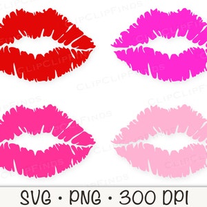 May include: Four different colored lip print designs. The prints are red, pink, hot pink, and light pink. The prints are all in the same style, with a slightly textured look.