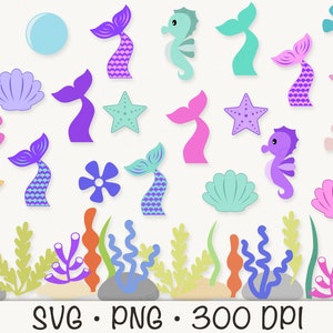 May include: A set of colorful mermaid and sea-themed clipart images, including seahorses, seashells, starfish, flowers, and seaweed. The images are perfect for crafting, scrapbooking, and digital design projects. SVG PNG 300 DPI.