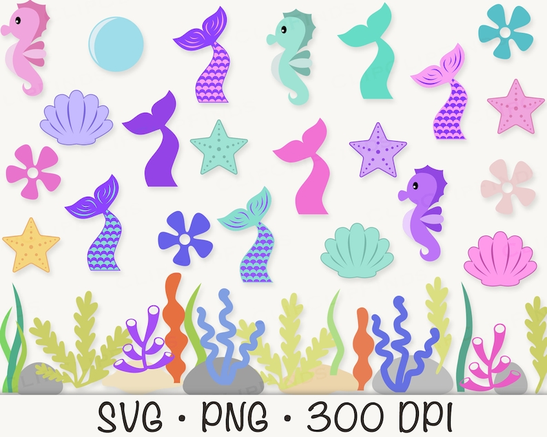 May include: A set of colorful mermaid and sea-themed clipart images, including seahorses, seashells, starfish, flowers, and seaweed. The images are perfect for crafting, scrapbooking, and digital design projects. SVG PNG 300 DPI.