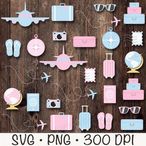 Viagem SVG, Viagem PNG, Clipart de Viagem Azul e Rosa, Gráficos de Viagem Fofos, Download Digital Instantâneo