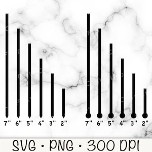 May include: Black vertical lines of varying lengths, labeled from 2" to 7" in increments of 1 inch, arranged in two groups. The text "SVG • PNG • 300 DPI" is at the bottom. The background is a marble pattern.