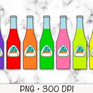 May include: Set of eight glass soda bottles with colorful labels. Each bottle has a white label with a green image of a three-headed creature. The bottles are purple, red, orange, green, pink, lime green, yellow, and blue.