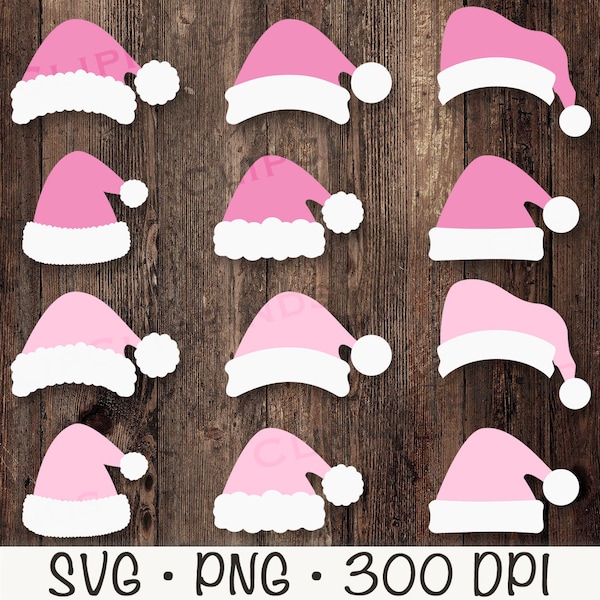 Pink Santa Hat SVG, Pink Santa Claus Hat Clip Art Bundle Pack, Pink Santa Hat PNG, Pink Christmas Hat Bundle Pack, Digital Download