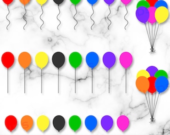 Peut inclure: Plusieurs ballons colorés en rouge, orange, jaune, noir, vert, bleu, violet et rose. Certains ballons ont des ficelles bouclées, d'autres des lignes droites. L'image comprend le texte "SVG • PNG • 300 DPI".