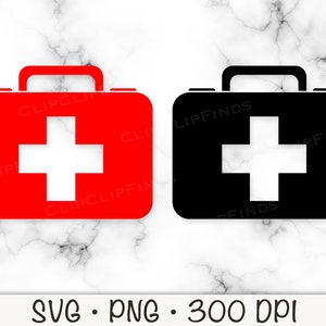 May include: Two first aid kits, one red and one black, with a white cross on each. The kits are in the shape of a suitcase.