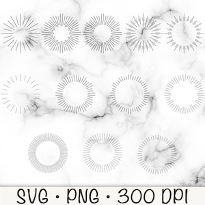 May include: A set of 12 black and white sunburst circle designs. The designs are simple and elegant, and would be perfect for use in a variety of projects, such as invitations, cards, and scrapbook pages.