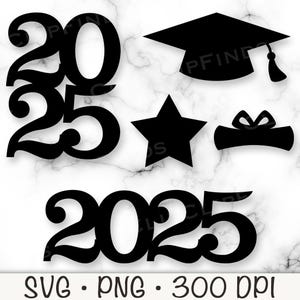 Remise des diplômes 2025 SVG, casquette de remise des diplômes, certificat, diplôme, silhouettes, décoration de gâteau pour cupcakes, pack de vecteurs de pièce maîtresse, fichier en téléchargement numérique