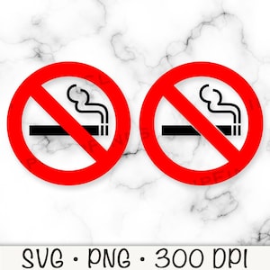 Könnte beinhalten: Zwei rote Nichtraucherzeichen mit einem diagonalen Strich durch eine Zigarette und Rauch. Die Schilder sind rund mit einem weißen Rand.