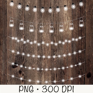 Clipart lichtslingers, witte lichtslingers PNG, bruiloft, Mason Jar, gors, slinger, rustiek, minimalistisch, kerstverlichting, digitale download