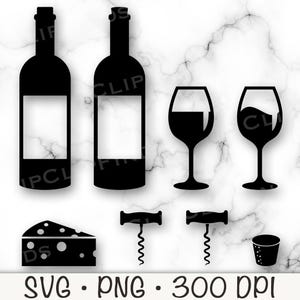May include: Black and white silhouette design of two wine bottles, two wine glasses, a cheese wedge, two corkscrews, and a shot glass.  SVG, PNG, 300 DPI.