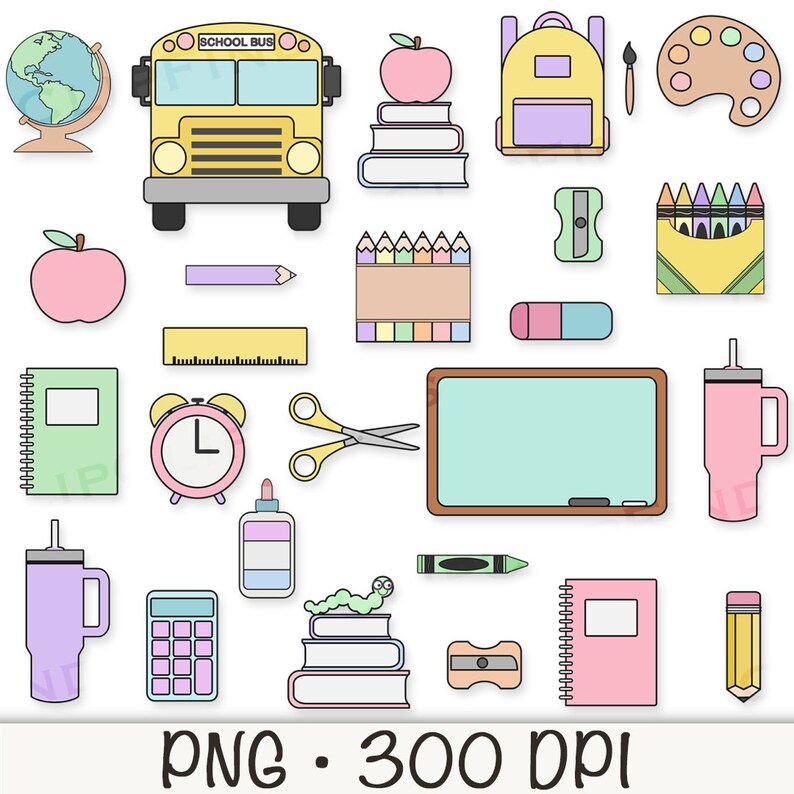 Puede incluir: Un conjunto de &uacute;tiles escolares coloridos, que incluye un autob&uacute;s escolar amarillo, un globo terr&aacute;queo, una fiambrera rosa, una manzana rosa, una regla, un par de tijeras, un cuaderno verde, un cuaderno rosa, un despertador rojo, un sacapuntas, un juego de crayones, un juego de l&aacute;pices de colores, una paleta de pintura, un pincel, una pizarra verde, una calculadora, un bote de pegamento, una pila de libros, un gusano verde, un l&aacute;piz rojo, una botella de agua morada y un l&aacute;piz amarillo.