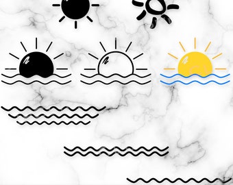 Sun and Waves SVG, Sunset SVG, Sun PNG, Waves Svg, Sunrise, Minimalist, Doodle, Hand-Drawn, Simple, Silhouette, Beach, Digital Download