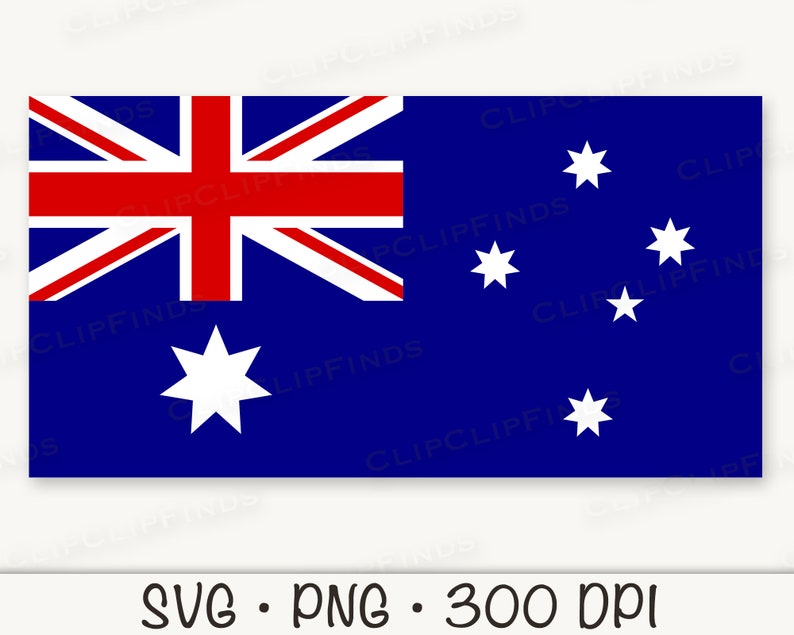 May include: The Australian flag, a blue rectangle with the Union Jack in the upper hoist quarter and a large white seven-pointed star below. The fly features five white stars. The text "SVG &bull; PNG &bull; 300 DPI" is at the bottom.