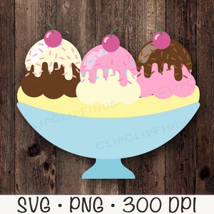 Bananensplit-Eiscreme Clipart, Bananenboot PNG, Bananensplit-Eiscreme SVG, Schokolade, Erdbeere, Vanille, Streusel, digitale Download-Datei