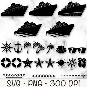 Cruise Ship SVG Bundle Pack, Ship Silhouette PNG, Anchor, Seashell, Beach, Starfish, Waves, Sunshine, Flip Flops, Palm Tree, Ship Wheel