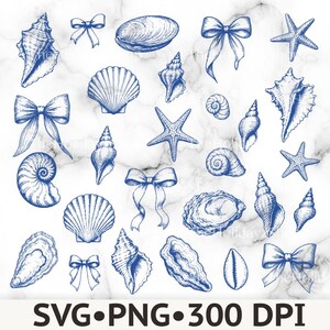 May include: A collection of blue ink illustrations featuring various seashells, starfish, and decorative bows. The set includes spiral shells, bivalves, and pointed conch shells arranged in a pattern, accompanied by the text SVG PNG 300 DPI.