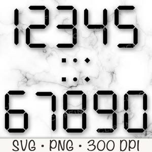 Pode incluir: Números pretos em estilo digital de 1 a 0, com pontuação, são exibidos em um fundo de mármore branco. Os números estão em uma fonte segmentada, semelhante a um visor de relógio digital. A imagem também inclui o texto "SVG • PNG • 300 DPI".