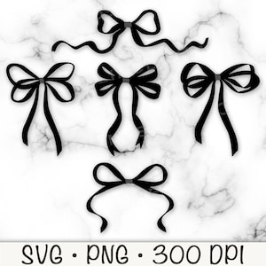 May include: Black bow illustrations in various styles, including a bow with long flowing ribbons and several classic bow designs. The bows are set against a white marble background. The image includes the text "SVG • PNG • 300 DPI".