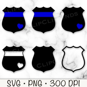 May include: Six black and white police badge SVG cut files. The badges have a blue line across the top and a heart in the bottom centre. Some badges have a white stripe across the centre.