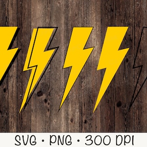 May include: Five yellow lightning bolt designs on a wood background. The designs are outlined in black. The text "SVG. PNG. 300 DPI" is at the bottom of the image.