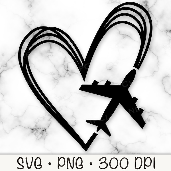 Airplane Heart, Heart Outline Airplane, Love Travel, Love Flying, Airplane Heart Monogram, Vacation Trip, SVG, PNG, Instant Digital Download