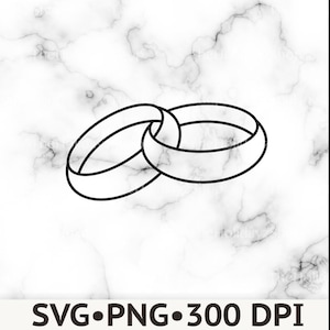Pode incluir: Uma ilustração de linha preta de duas alianças de casamento entrelaçadas centradas num fundo de mármore branco. Abaixo dos anéis, o texto diz SVG•PNG•300 DPI numa fonte preta, negrito e sem serifa, indicando os formatos de ficheiro.