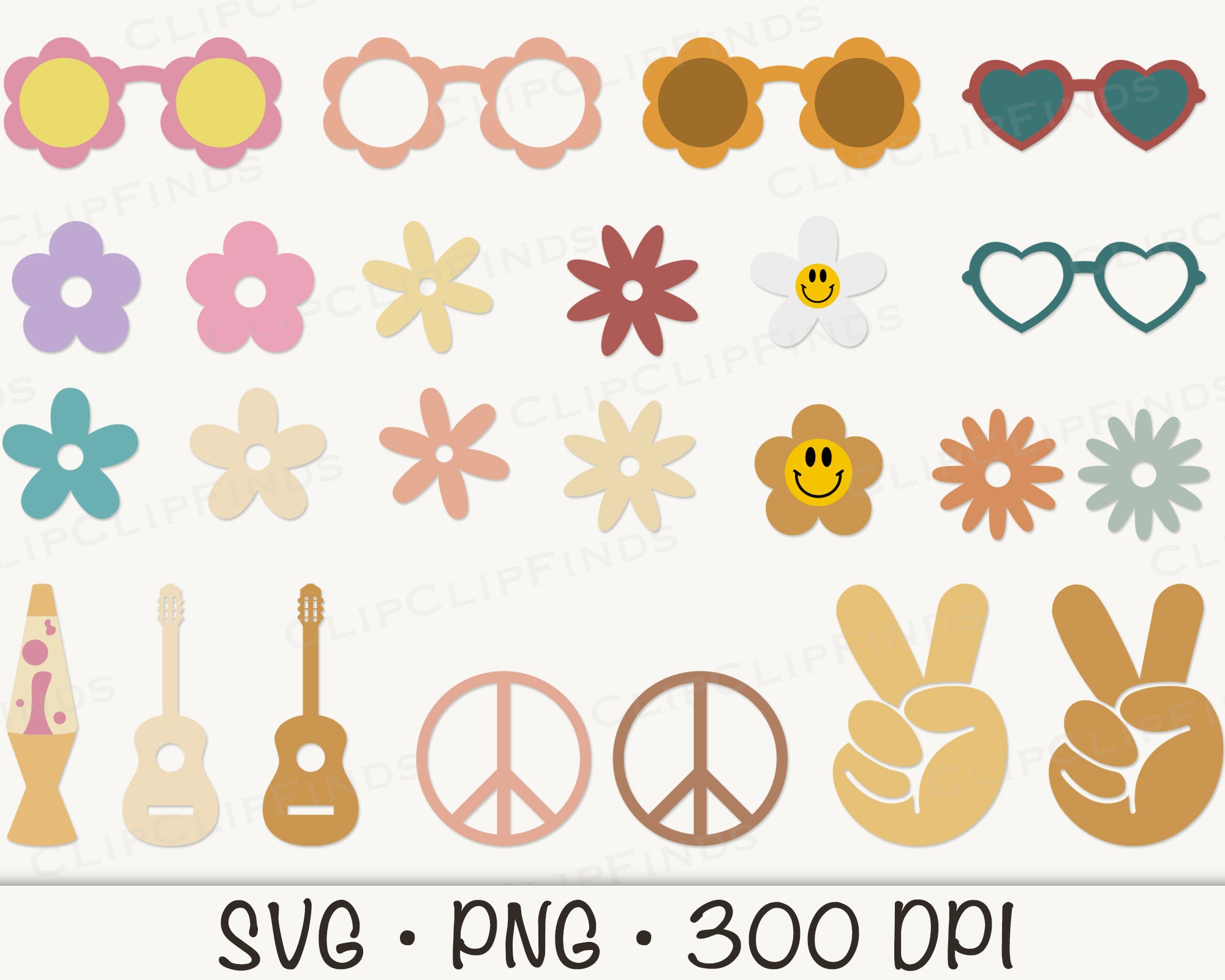 Hippie Bundle Clip Art, Groovy, Daisy Flowers, Peace, Guitar, SVG, PNG ...