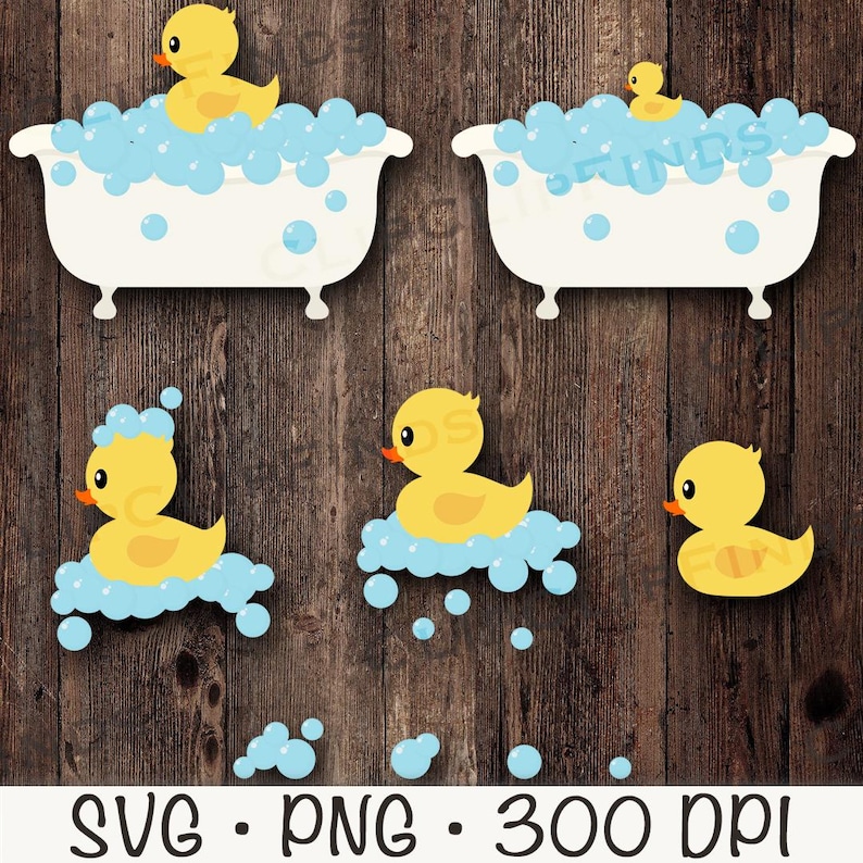 May include: A set of digital clipart images featuring yellow rubber duckies in a bathtub with blue bubbles. The duckies are in various poses, including floating, swimming, and sitting. The images are perfect for creating invitations, cards, and other crafts.
