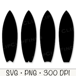 May include: Four black silhouette surfboards, each with a rounded top and a pointed bottom. The surfboards are arranged in a row, with the leftmost surfboard slightly overlapping the one to its right.