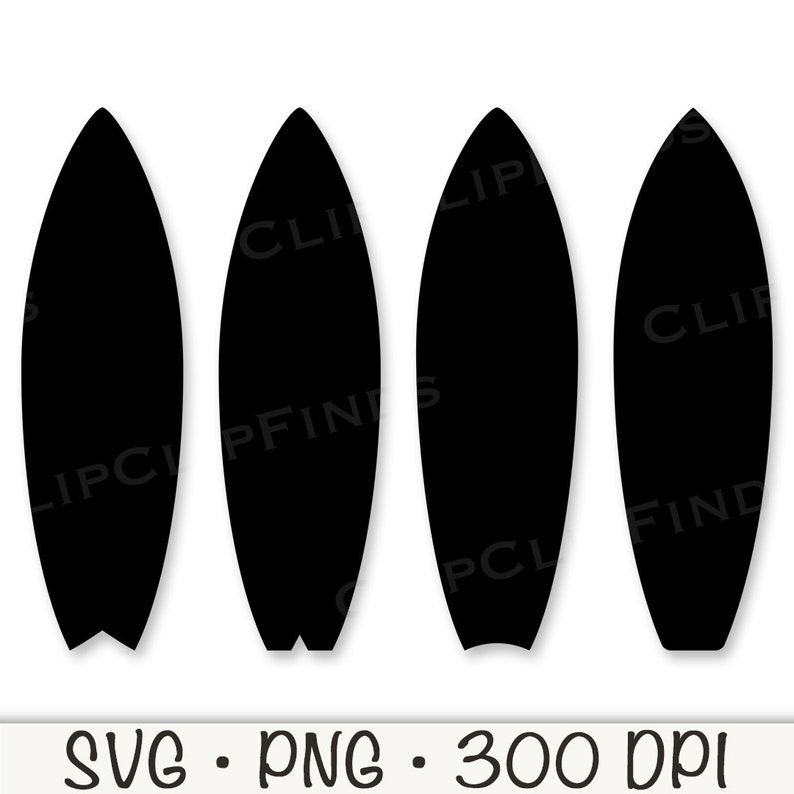 May include: Four black silhouette surfboards, each with a rounded top and a pointed bottom. The surfboards are arranged in a row, with the leftmost surfboard slightly overlapping the one to its right.