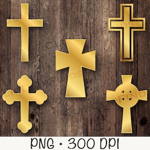 Cruz dorada PNG, clipart de cruz dorada, paquete de superposiciones de cruces doradas, descarga digital instantánea