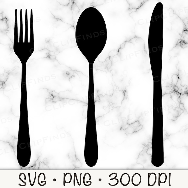 Spoon, Fork, and Knife Silverware Individual Utensils SVG Vector File and PNG Transparent Background Clip Art Instant Download