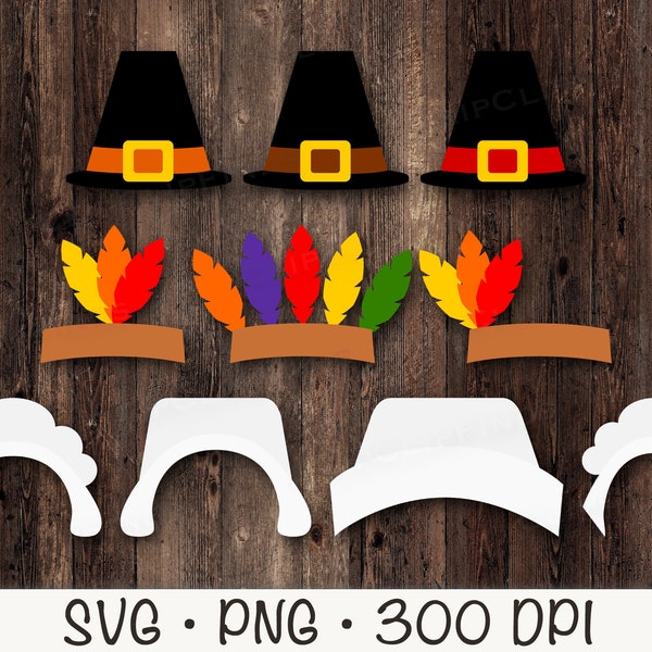 Pilgrim Hats, Indian Feathered Bonnets, Coifs, Thanksgiving Head Pieces, SVG, PNG, Clip Art, Instant Digital Download