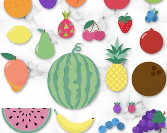 Clipart de fruits, fruits SVG, PNG de fruits, lot de fruits mignons, framboise, prune, pastèque, grenade, citron vert, citron, téléchargement numérique