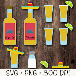May include: A set of printable party decorations for a tequila themed party. The set includes two bottles of tequila, four shot glasses, two sombreros, a salt shaker, and three lime wedges.