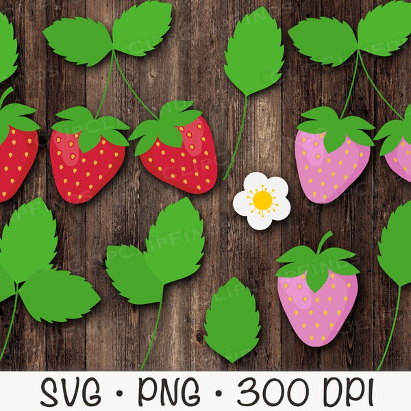 Strawberry SVG, Strawberry PNG Clipart, Pink Strawberries with Flowers and Leaves, Strawberry Blossom, Instant Digital Download