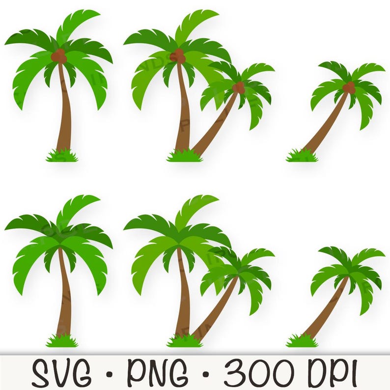 May include: Set of eight green palm tree illustrations with brown trunks. The palm trees are in various poses, some with coconuts.