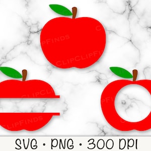 May include: Three red apple SVG cut files. The first apple is solid red. The second apple has a horizontal line across the middle. The third apple has a circle cut out of the middle.