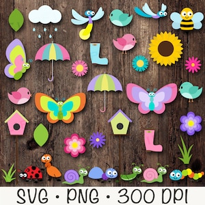 Clipart di simpatici animali primaverili, SVG di primavera, stivali da pioggia, girasole, ape, nuvola di pioggia, casetta per uccelli, margherita, libellula, lucciola, lumaca, coccinella, formica