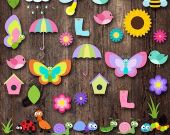 Clipart di simpatici animali primaverili, SVG di primavera, stivali da pioggia, girasole, ape, nuvola di pioggia, casetta per uccelli, margherita, libellula, lucciola, lumaca, coccinella, formica