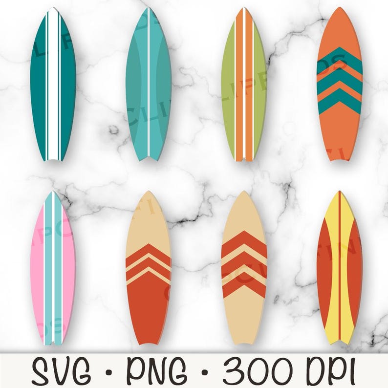 May include: Set of eight colorful surfboard illustrations with various patterns, including stripes, zigzags, and solid colors. The surfboards are isolated on a white marble background. SVG, PNG, 300 DPI.