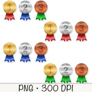 May include: Four sets of gold, silver, and bronze medals with blue, red, and green ribbons. The medals are numbered 1, 2, and 3.