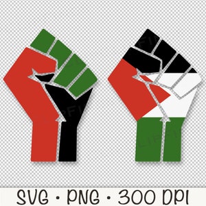 May include: Two raised fists, one with red, black, and green colors and the other with red, white, and green colors.