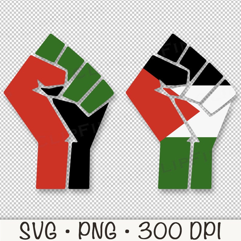 May include: Two raised fists, one with red, black, and green colors and the other with red, white, and green colors.