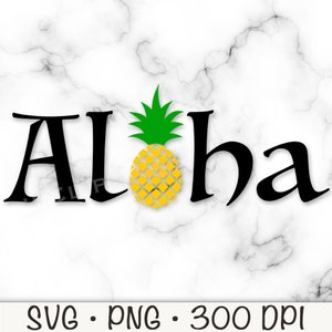Peut inclure: Texte noir et blanc qui dit "Aloha" avec un ananas jaune aux feuilles vertes au milieu du mot.