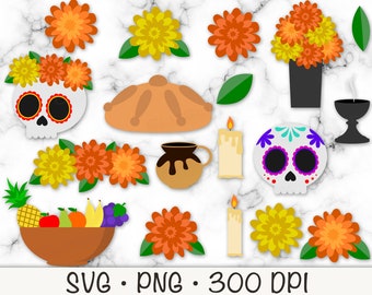 Dia De Los Muertos, Le Jour des Morts, Bundle, souci, crâne en sucre, Pan De Muertos, Clip Art, SVG, PNG, téléchargement numérique