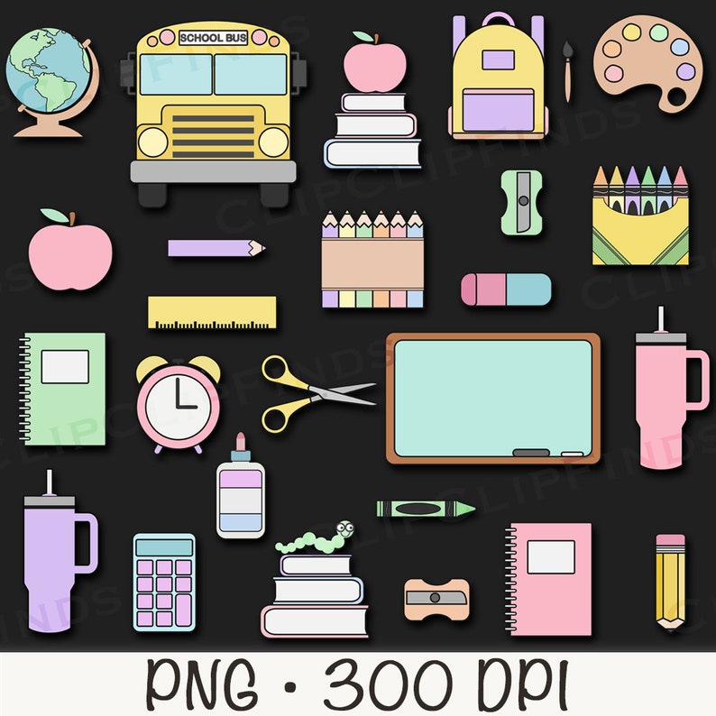 Puede incluir: Un conjunto de &uacute;tiles escolares coloridos, que incluyen un autob&uacute;s escolar amarillo, un globo terr&aacute;queo, una mochila, un sacapuntas, una regla, una calculadora, una pila de libros, un l&aacute;piz, l&aacute;pices de colores, una paleta de pintura, una botella de agua, un despertador, tijeras, una pizarra, un cuaderno y una manzana. La imagen est&aacute; sobre un fondo negro.