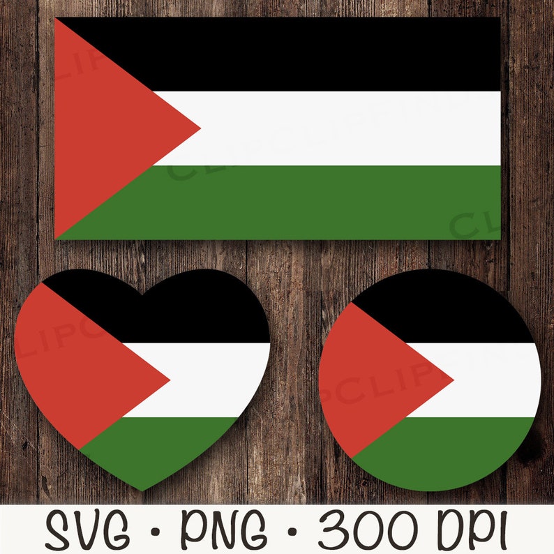 May include: Three different versions of the Palestinian flag. The first is a rectangular flag with black, white, green, and red colours. The second is a heart-shaped flag with the same colours. The third is a circular flag with the same colours.